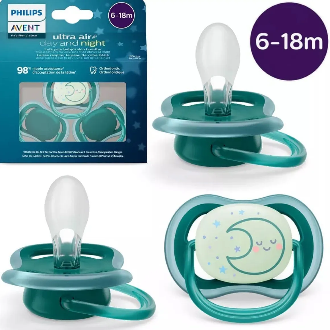 Avent Ultra Air Day/Night Pacifier 6-18m, Deep Opal / Sleeping Moon, 3 pack