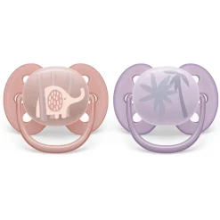 Avent Ultra Soft Pacifier 0-6m, Lychee Elephant / Lilac Palms, 2 pack
