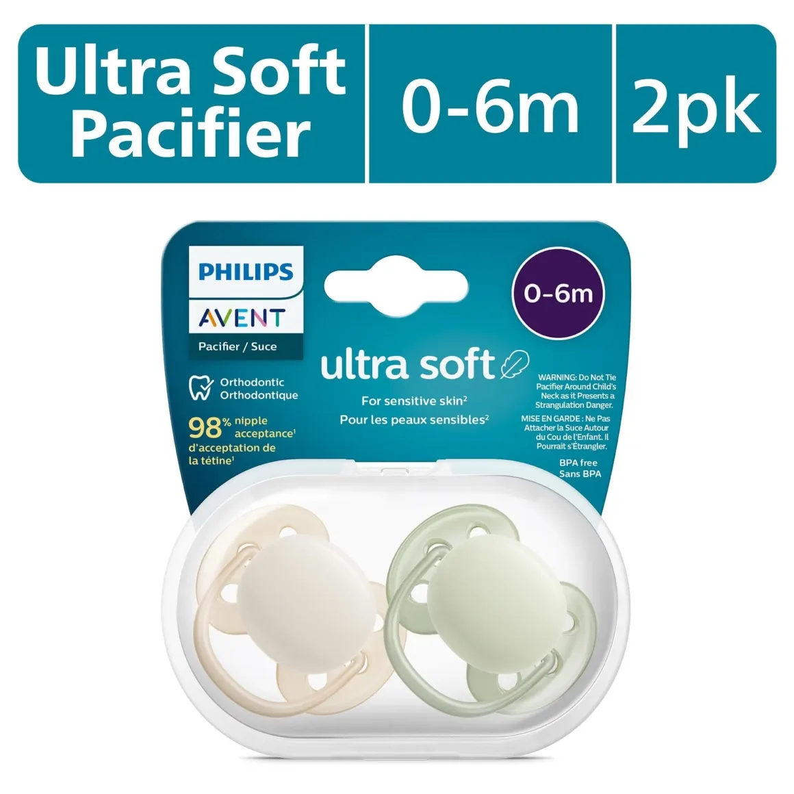 Avent Ultra Soft Pacifier 0-6m, Sand / Pastel Warm Green, 2 pack