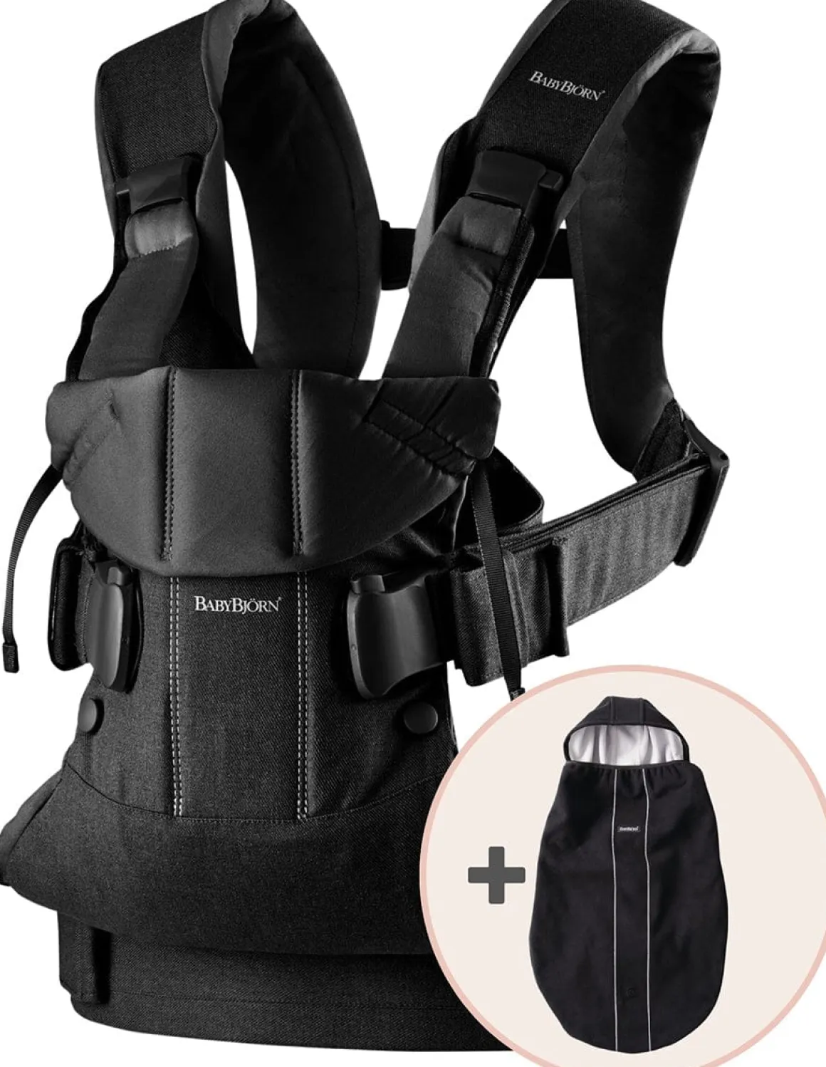 BabyBjörn Baby Carrier One, Cotton Mix + Cover Bundle - Black / Black