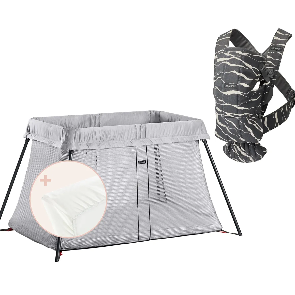 BabyBjörn Travel Crib Light Bundle + Baby Carrier Mini - Silver / Landscape