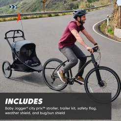 Baby Jogger City Prix Jogger + Bike Trailer + Weather Shield Bundle - Ambition Black