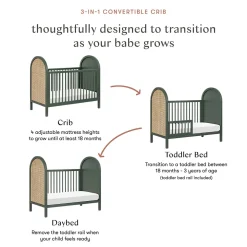 Babyletto Bondi Cane 3-in-1 Convertible Crib w/ Toddler Bed Conversion Kit - Forest Green / Natural Cane