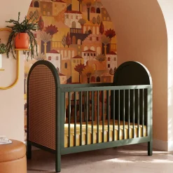 Babyletto Bondi Cane 3-in-1 Convertible Crib w/ Toddler Bed Conversion Kit - Forest Green / Natural Cane