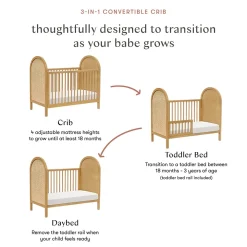 Babyletto Bondi Cane 3-in-1 Convertible Crib w/Toddler Bed Conversion Kit - Honey / Natural Cane