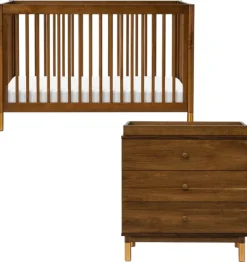 Babyletto Gelato 4-in-1 Convertible Crib + 3-Drawer Changer Dresser Bundle - Natural Walnut & Gold Feet