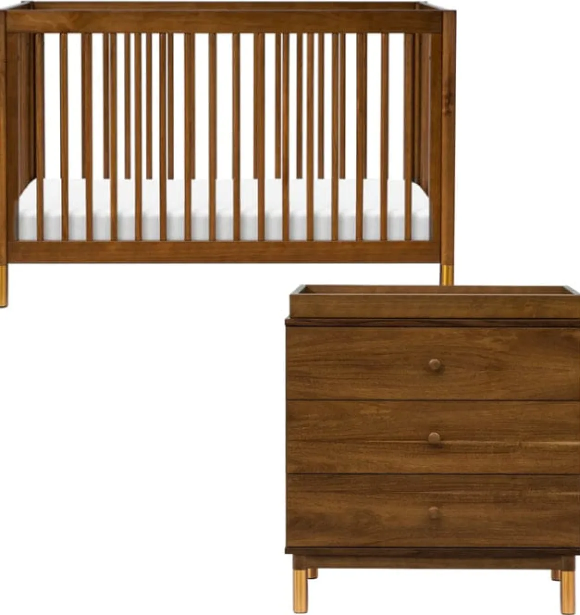 Babyletto Gelato 4-in-1 Convertible Crib + 3-Drawer Changer Dresser Bundle - Natural Walnut & Gold Feet