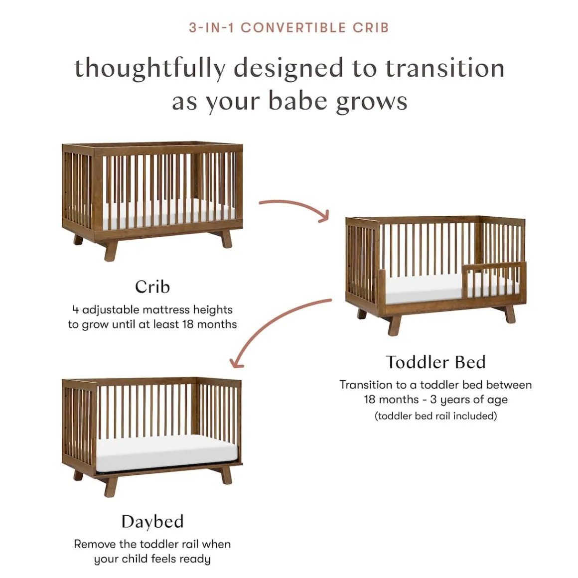 Babyletto Hudson 3-in-1 Convertible Crib with Toddler Bed Conversion Kit - Natural Walnut