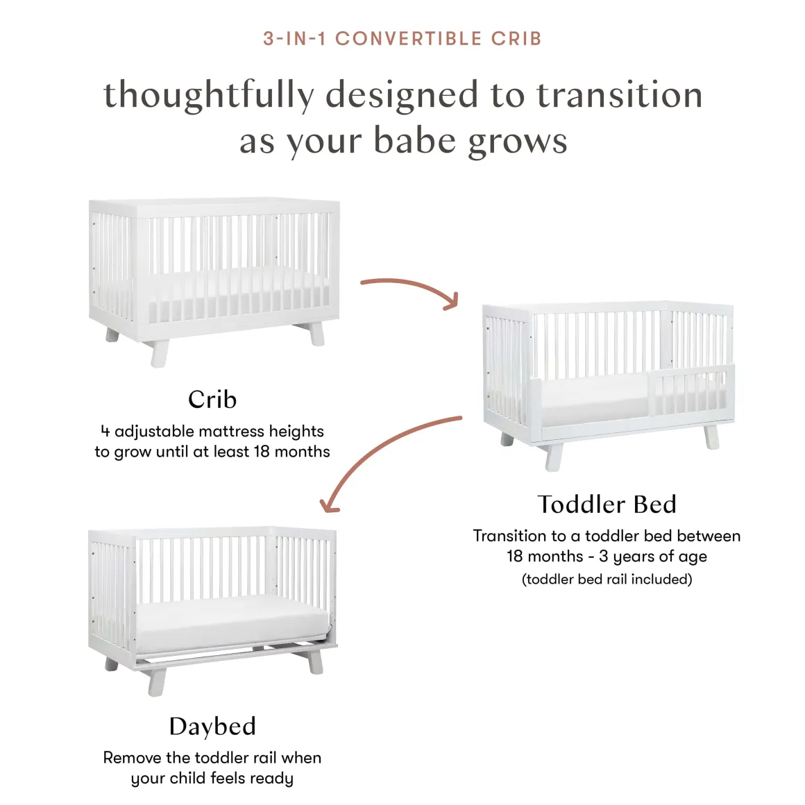 Babyletto Hudson 3-in-1 Convertible Crib with Toddler Bed Conversion Kit - White