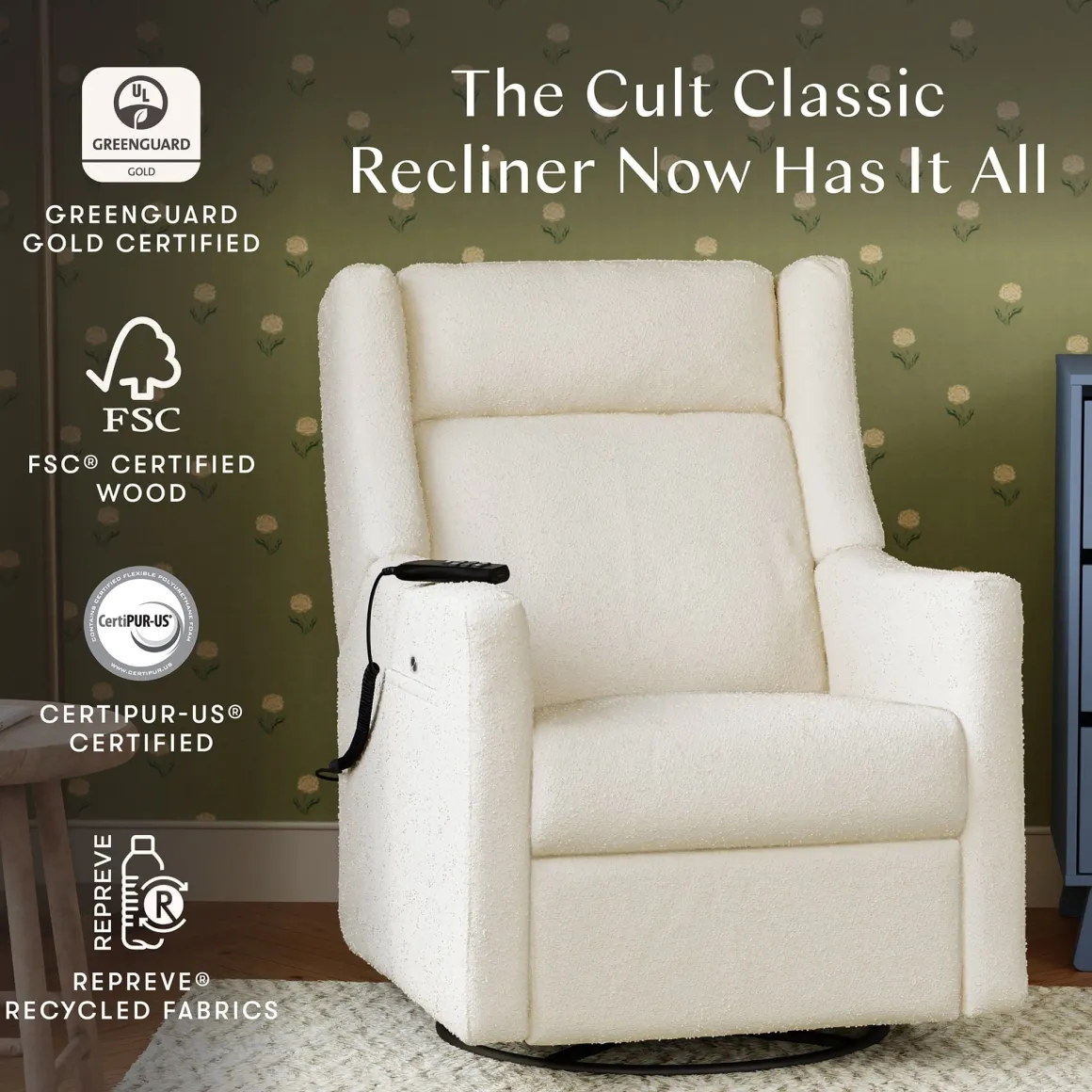 Babyletto Kiwi Deluxe Power Recliner and Swivel Glider with Heat and Massage - Performance Ivory Boucle