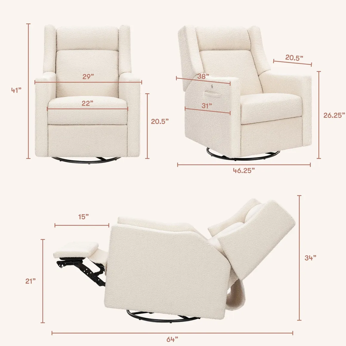 Babyletto Kiwi Deluxe Power Recliner and Swivel Glider with Heat and Massage - Performance Ivory Boucle