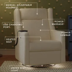 Babyletto Kiwi Deluxe Power Recliner and Swivel Glider with Heat and Massage - Performance Ivory Boucle
