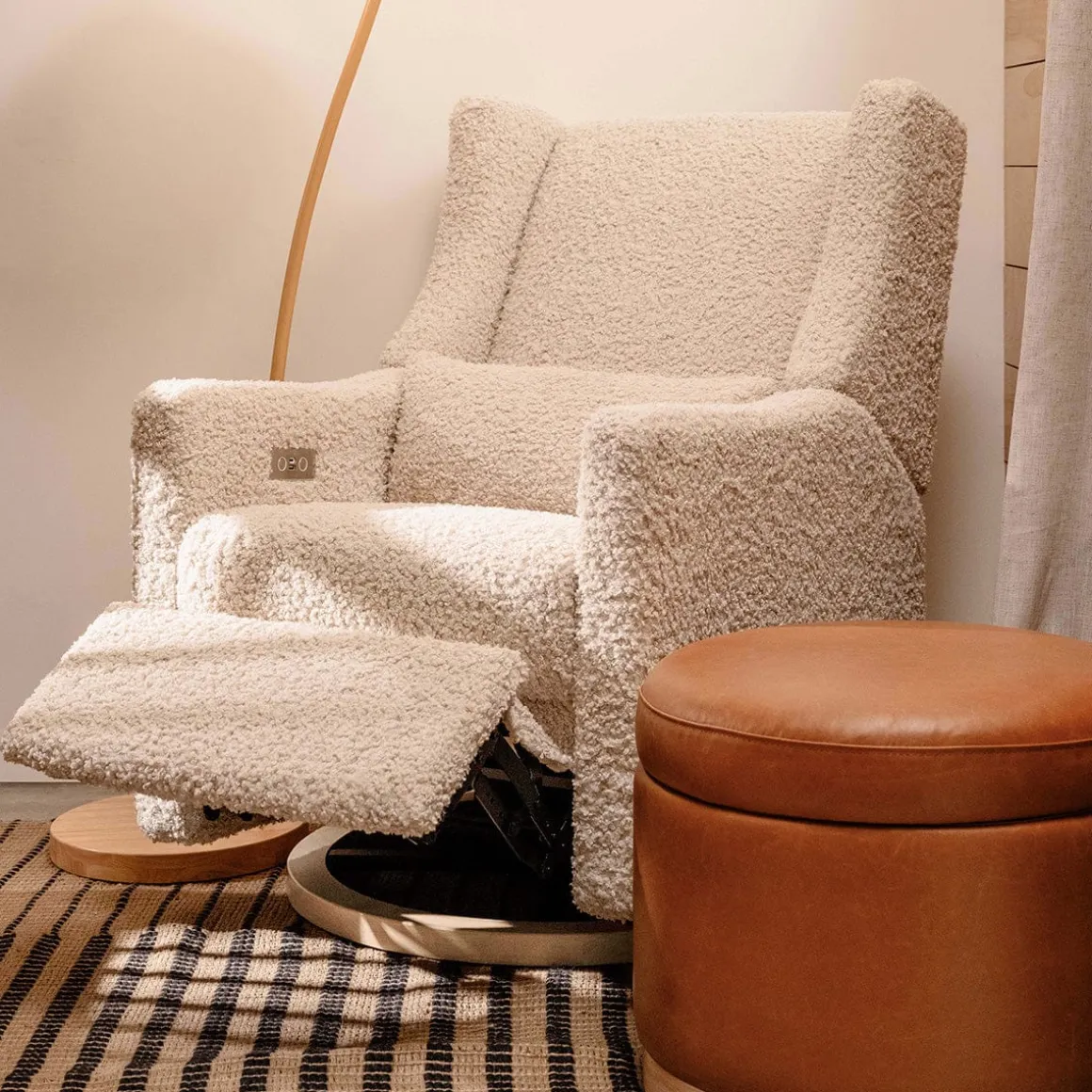 Babyletto Kiwi Electronic Glider Recliner w/ USB - Almond Teddy Loop w/Light Wood Base