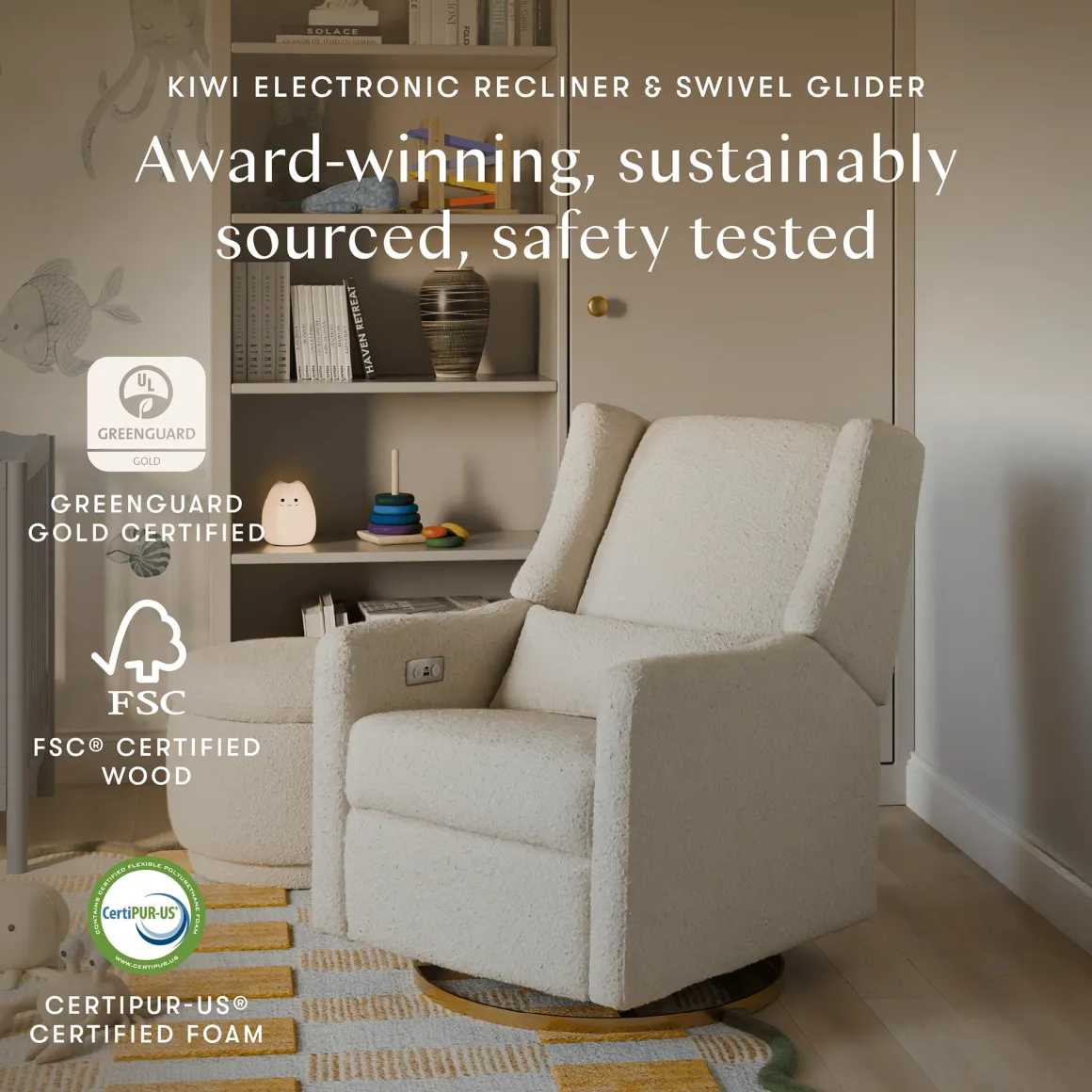 Babyletto Kiwi Electronic Glider Recliner w/ USB - Ivory Boucle w/ Gold Base