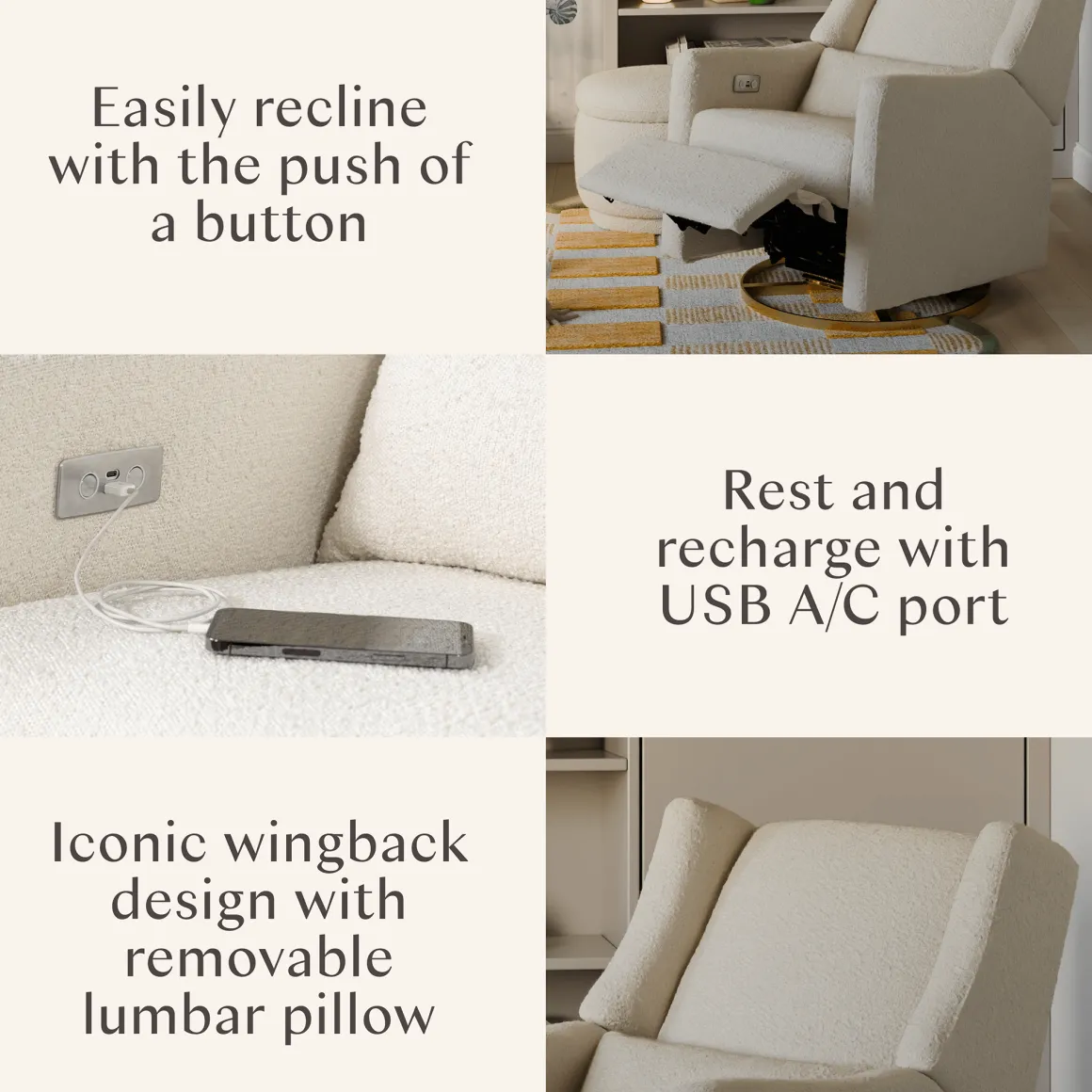 Babyletto Kiwi Electronic Glider Recliner w/ USB - Ivory Boucle w/ Gold Base