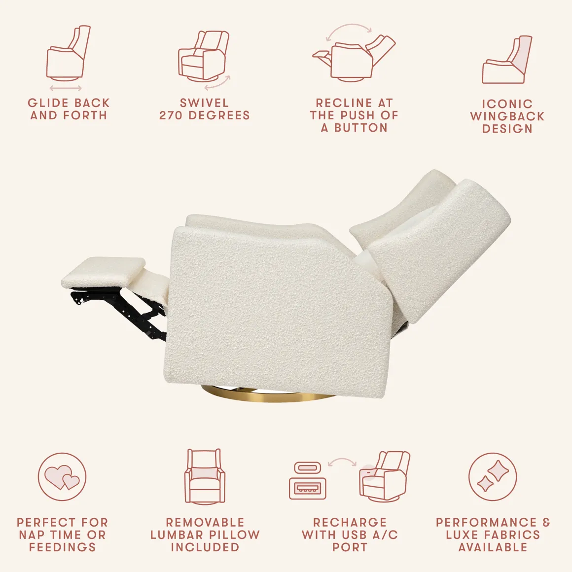 Babyletto Kiwi Electronic Glider Recliner w/ USB - Ivory Boucle w/ Gold Base