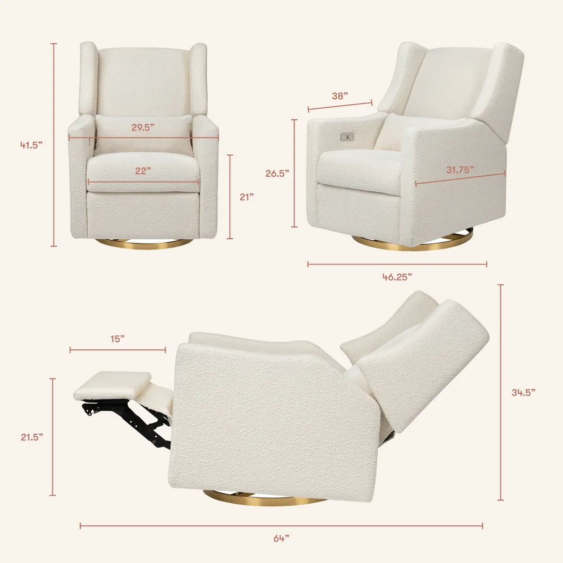 Babyletto Kiwi Electronic Glider Recliner w/ USB - Ivory Boucle w/ Gold Base