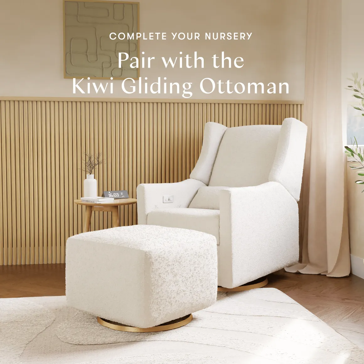 Babyletto Kiwi Electronic Glider Recliner w/ USB - Ivory Boucle w/ Gold Base