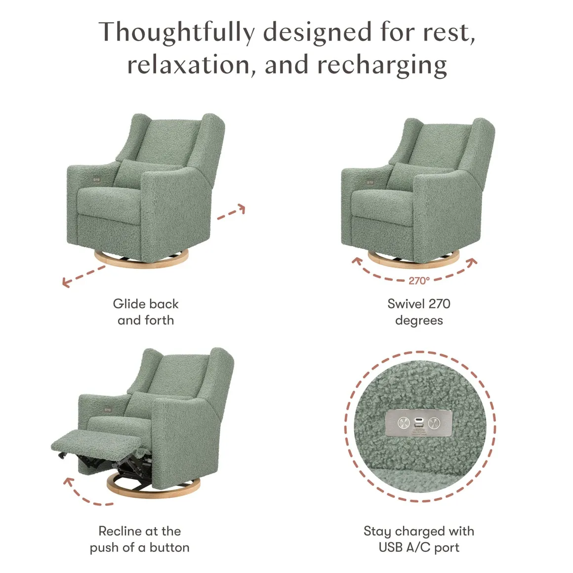Babyletto Kiwi Electronic Glider Recliner w/ USB - Sage Teddy Loop w/ Light Wood Base