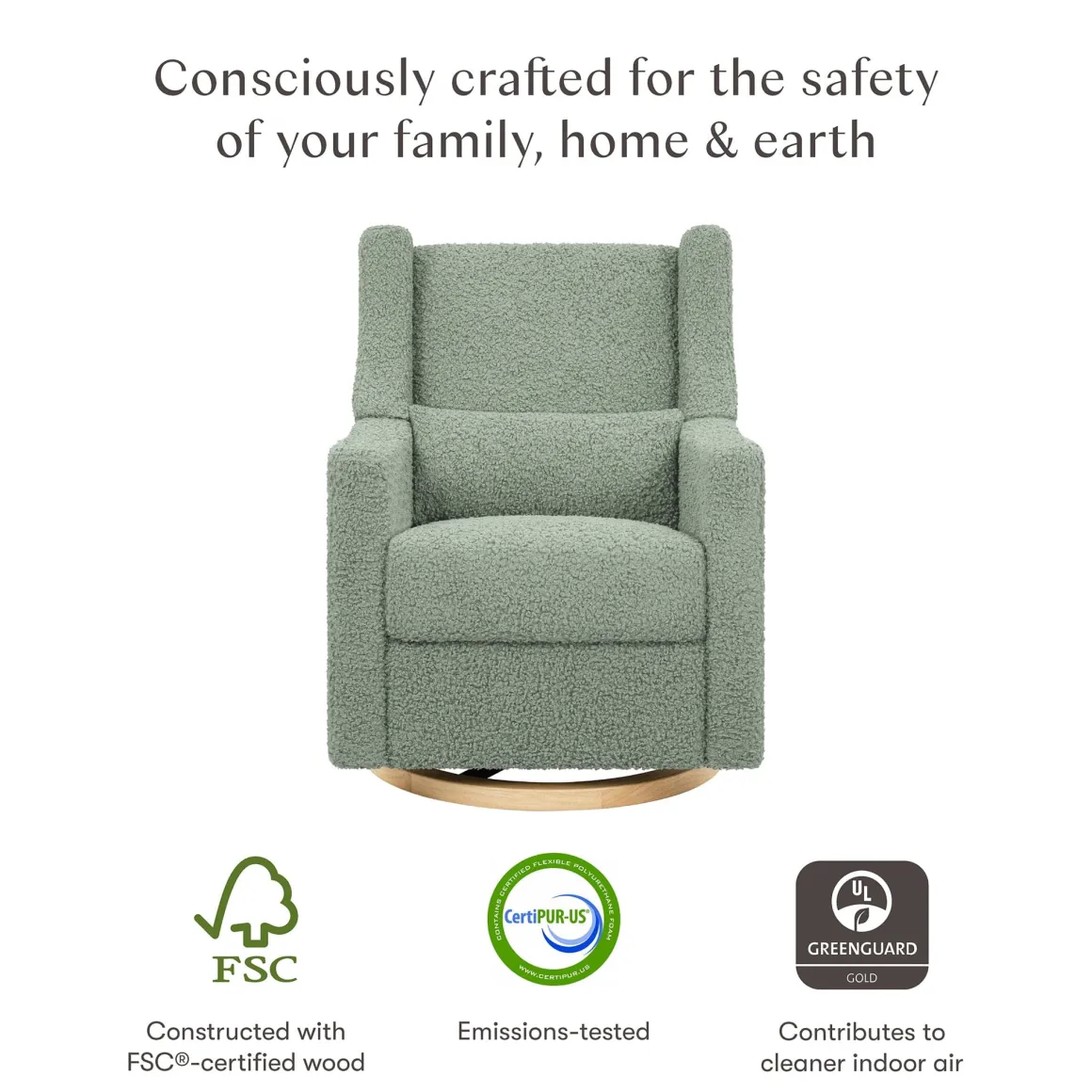 Babyletto Kiwi Electronic Glider Recliner w/ USB - Sage Teddy Loop w/ Light Wood Base