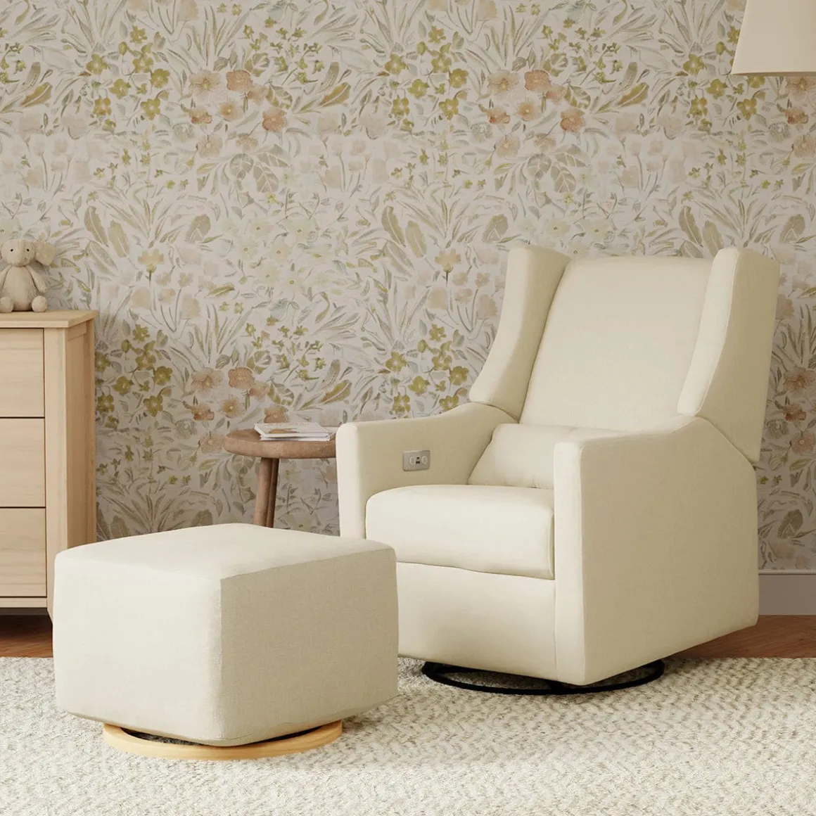 Babyletto Kiwi Gliding Ottoman - Performance Cream Eco-Weave w/ Light Wood Base