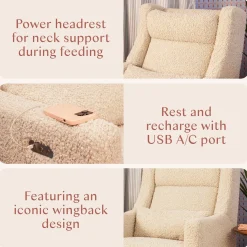 Babyletto Kiwi Plus Electric Recliner Swivel Glider w/ Adjustable Headrest + USB Port - Almond Teddy Loop