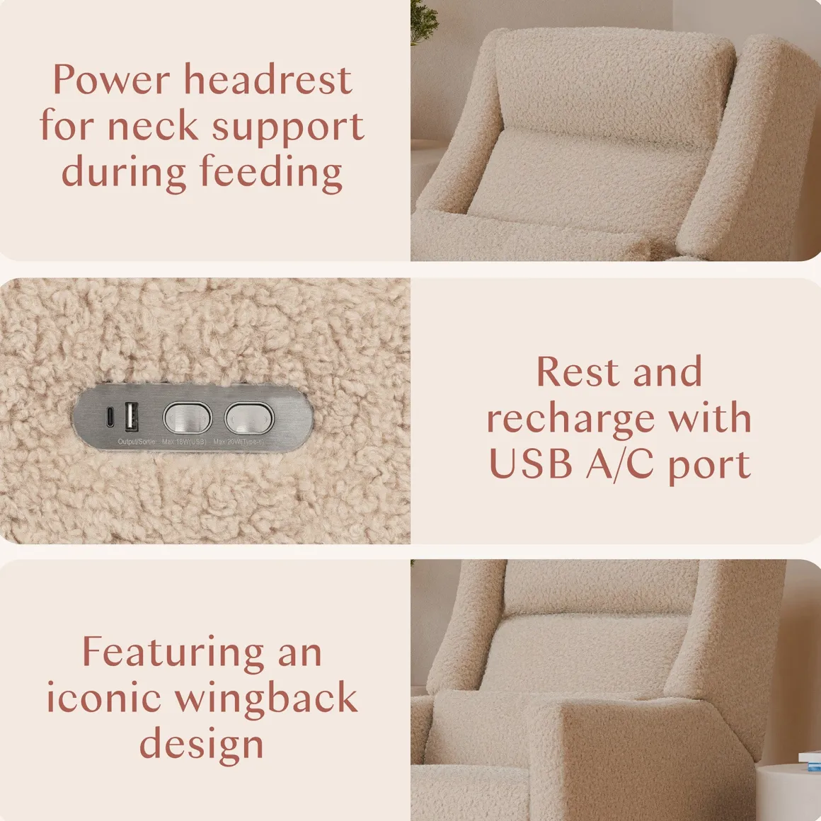 Babyletto Kiwi Plus Electric Recliner Swivel Glider w/ Adjustable Headrest + USB Port - Chai Shearling