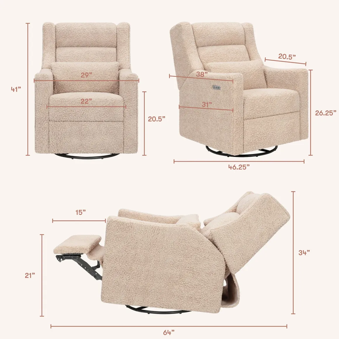 Babyletto Kiwi Plus Electric Recliner Swivel Glider w/ Adjustable Headrest + USB Port - Chai Shearling