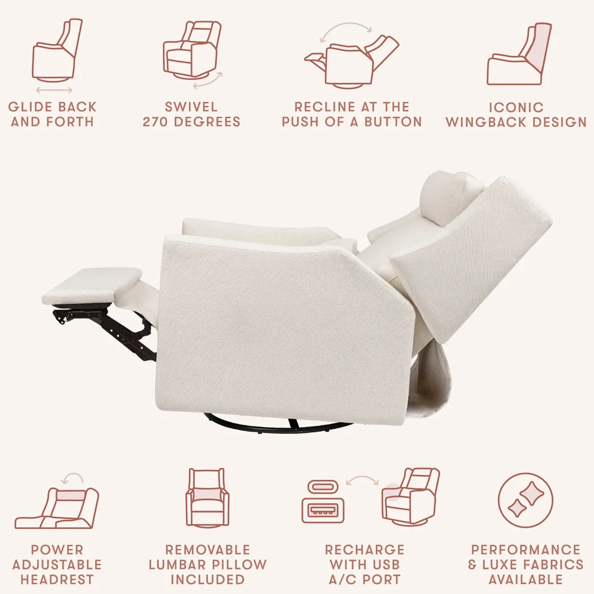 Babyletto Kiwi Plus Electric Recliner Swivel Glider w/ Adjustable Headrest + USB Port - Performance Cream Eco-Weave
