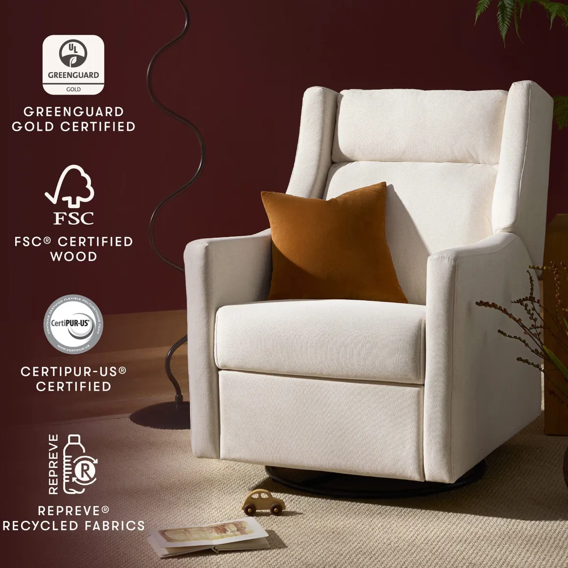 Babyletto Kiwi Plus Electric Recliner Swivel Glider w/ Adjustable Headrest + USB Port - Performance Cream Eco-Weave