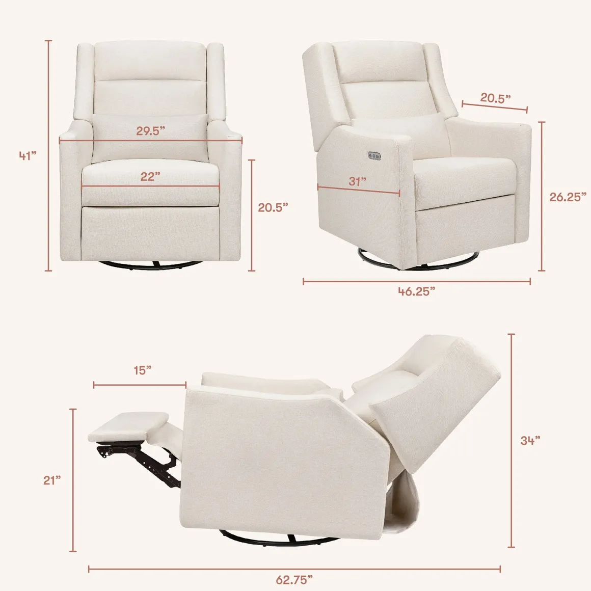 Babyletto Kiwi Plus Electric Recliner Swivel Glider w/ Adjustable Headrest + USB Port - Performance Cream Eco-Weave