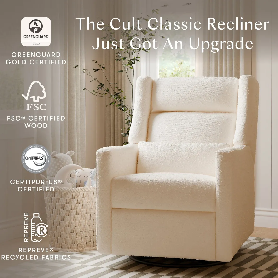 Babyletto Kiwi Plus Electric Recliner Swivel Glider w/ Adjustable Headrest + USB Port - Performance Ivory Boucle