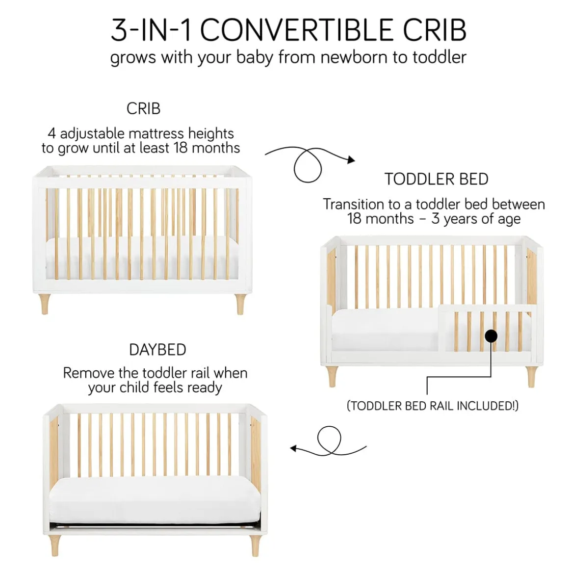Babyletto Lolly 3-In-1 Convertible Crib with Toddler Bed Conversion Kit - Black/WashedNatural