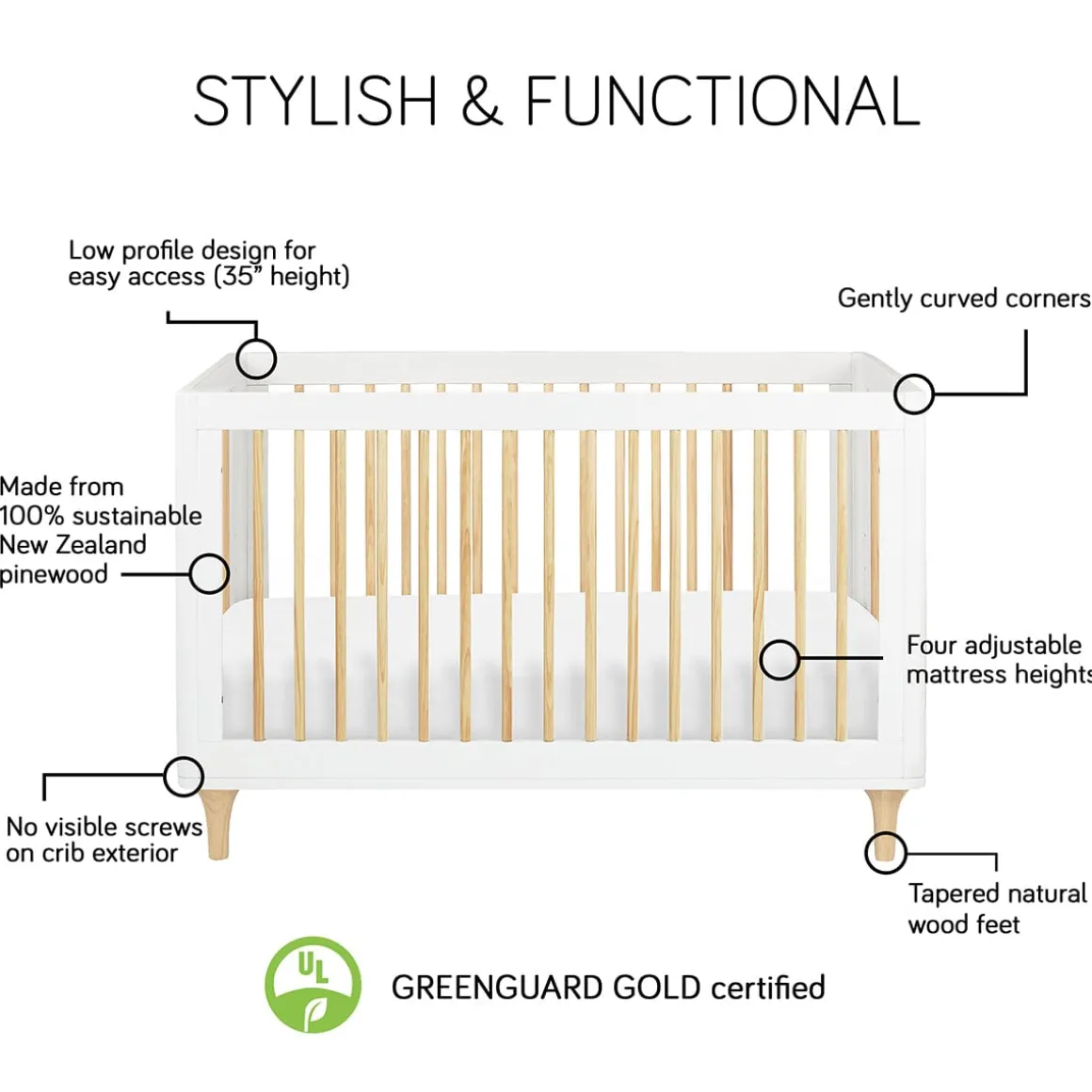 Babyletto Lolly 3-In-1 Convertible Crib with Toddler Bed Conversion Kit - White/Natural