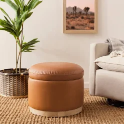 Babyletto Naka Storage Ottoman - Vegan Tan Leather w/ Light Wood Base