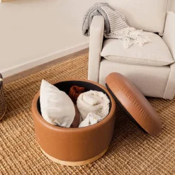 Babyletto Naka Storage Ottoman - Vegan Tan Leather w/ Light Wood Base