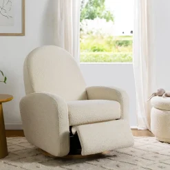 Babyletto Nami Electronic Swivel Glider Recliner w/ USB - Ivory Boucle w/ Light Wood Base