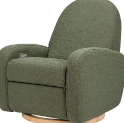 Babyletto Nami Electronic Swivel Glider Recliner w/ USB - Olive Boucle w/ Light Wood Base