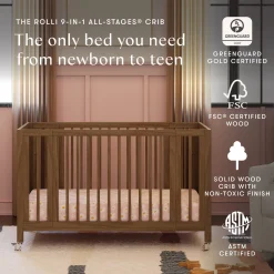 Babyletto Rolli 9-in-1 Convertible All-Stages Crib with Bassinet & Toddler Bed Conversion Kits - Natural Walnut
