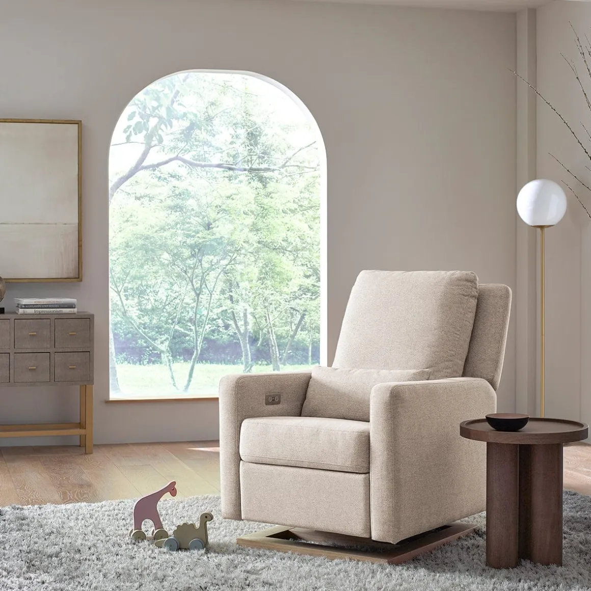 Babyletto Sigi Electronic Glider Recliner w/USB - Performance Beach Eco-Weave w/Light Wood Base