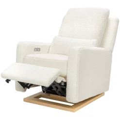 Babyletto Sigi Electronic Recliner and Glider w/ USB - Cream Shearling / Light Wood Base