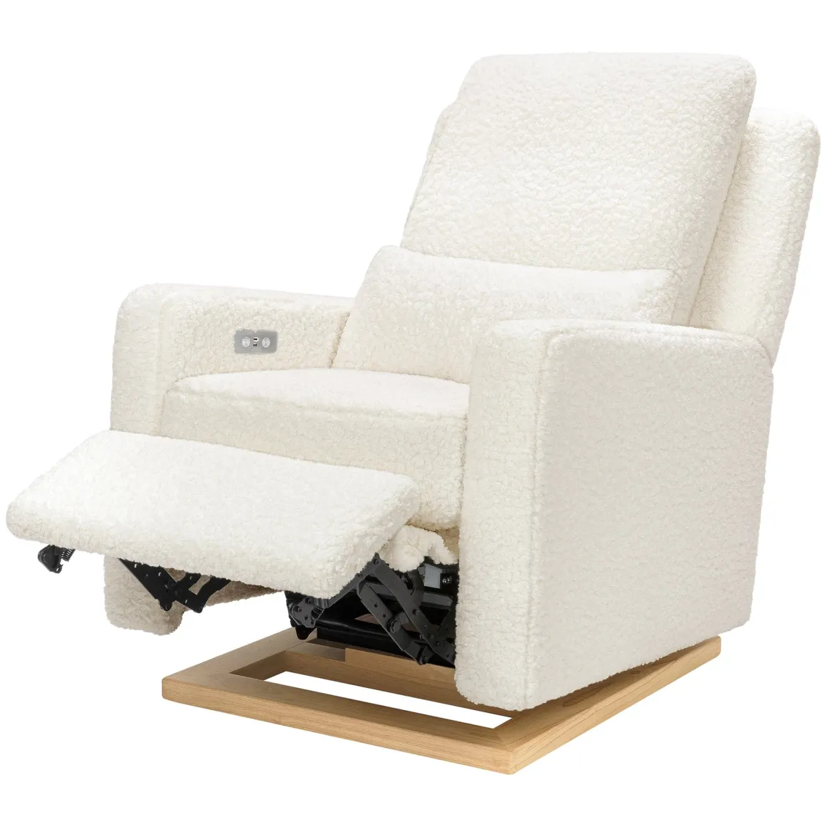 Babyletto Sigi Electronic Recliner and Glider w/ USB - Cream Shearling / Light Wood Base