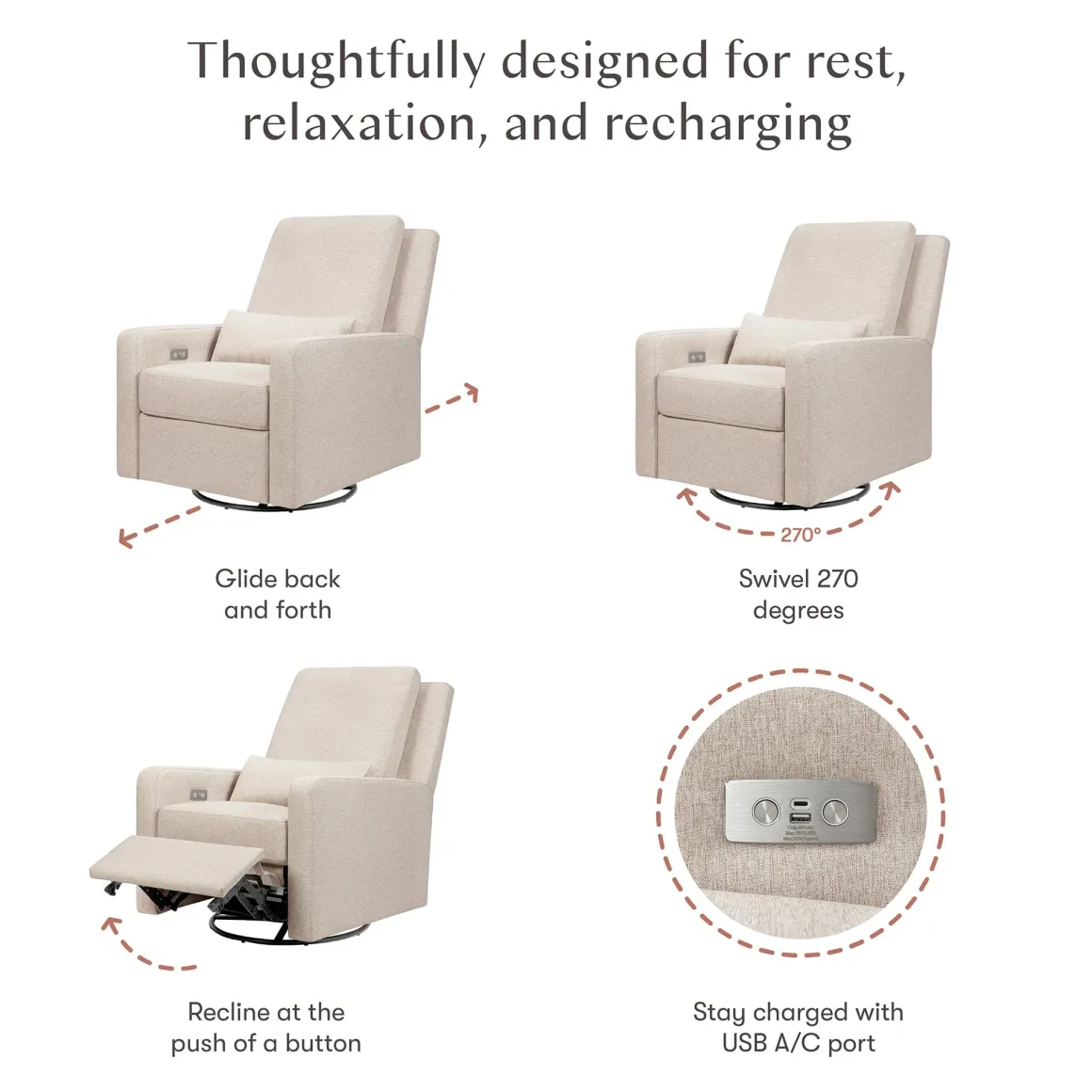 Babyletto Sigi Electronic Recliner and Swivel Glider w/ USB - Performance Beach Eco-Weave