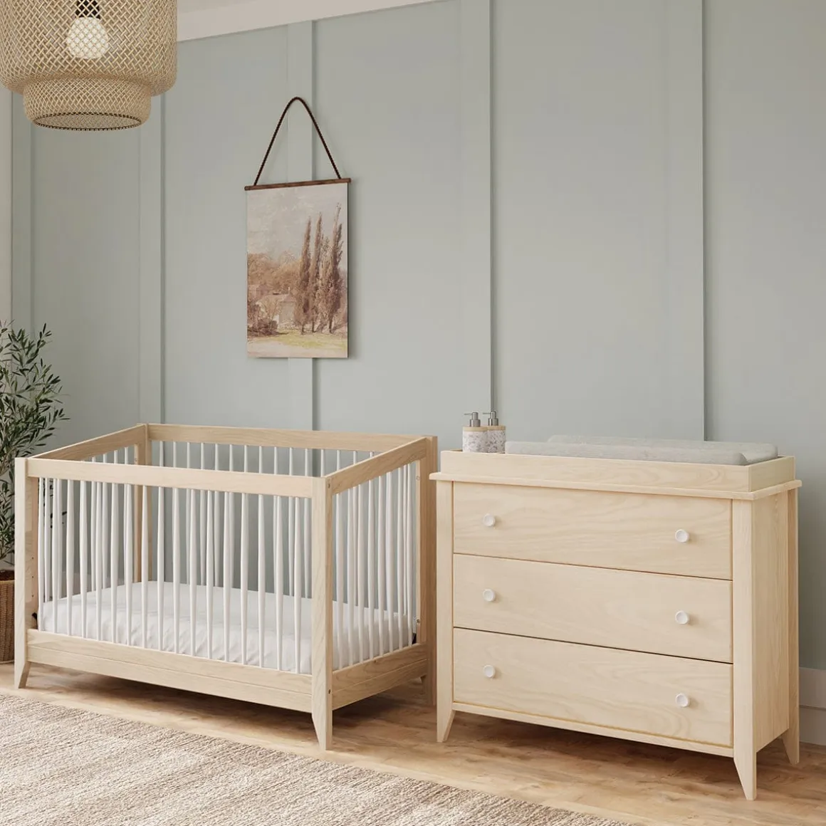 Babyletto Sprout 4-in-1 Convertible Crib w/Toddler Bed Conversion Kit - Washed Natural / White