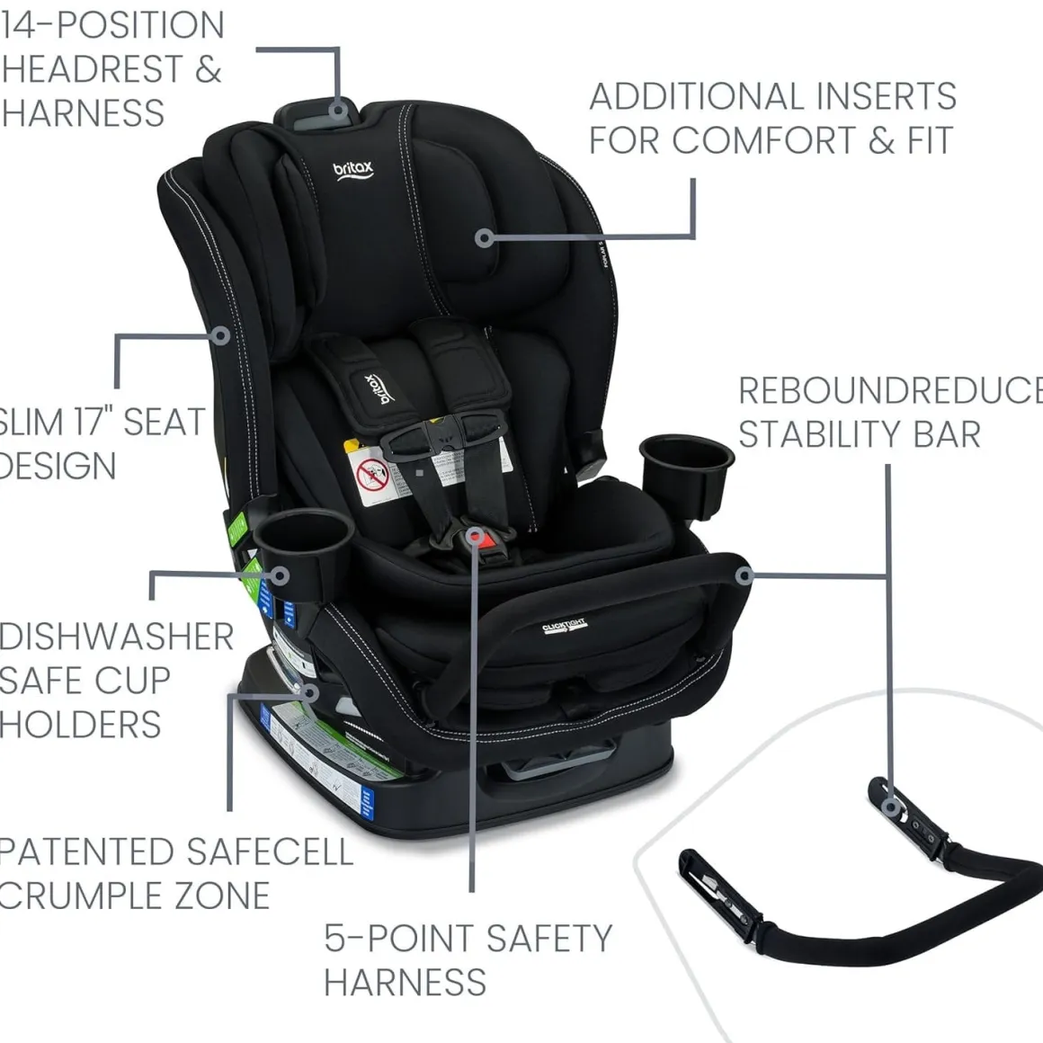 Britax Poplar S ClickTight Convertible Car Seat, Slim 17-Inch Design - Onyx