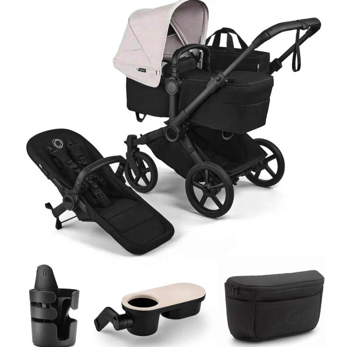 Bugaboo Donkey 6 Complete Single-to-Double Stroller + Essential Accessories Bundle - Black / Heritage Black / Misty White