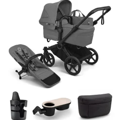 Bugaboo Donkey 6 Complete Single-to-Double Stroller + Essential Accessories Bundle - Black / Moon Grey / Moon Grey