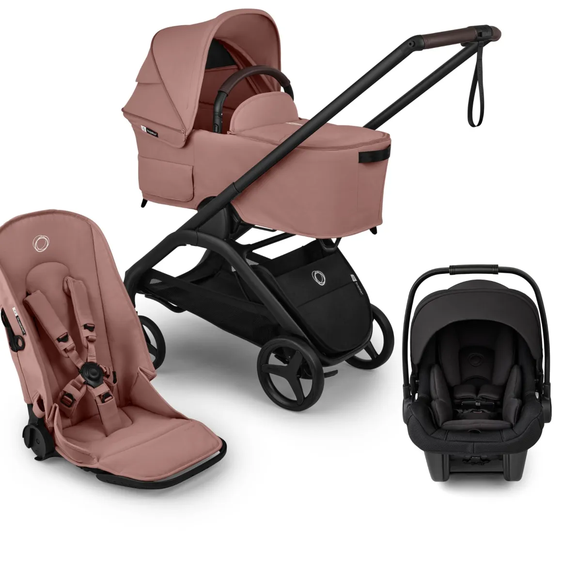 Bugaboo Dragonfly Plus Seat & Bassinet Complete Stroller + Turtle Air Shield Travel System Bundle - Black / Dusty Pink / Black