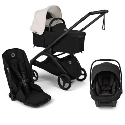 Bugaboo Dragonfly Plus Seat & Bassinet Complete Stroller + Turtle Air Shield Travel System Bundle - Black / Misty White / Black