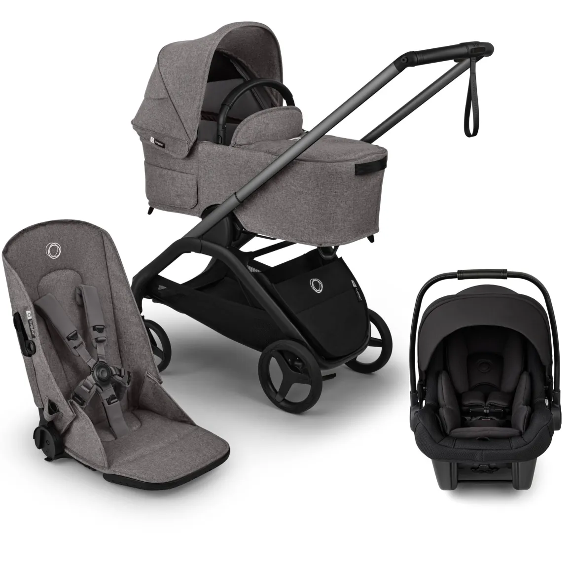 Bugaboo Dragonfly Plus Seat & Bassinet Complete Stroller + Turtle Air Shield Travel System Bundle - Graphite / Grey Melange / Black